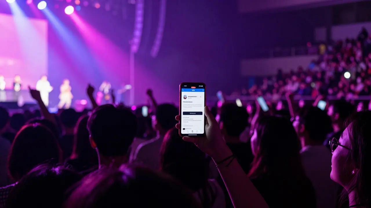 Crowd at a Seoul concert holding up phones under vibrant purple stage lights