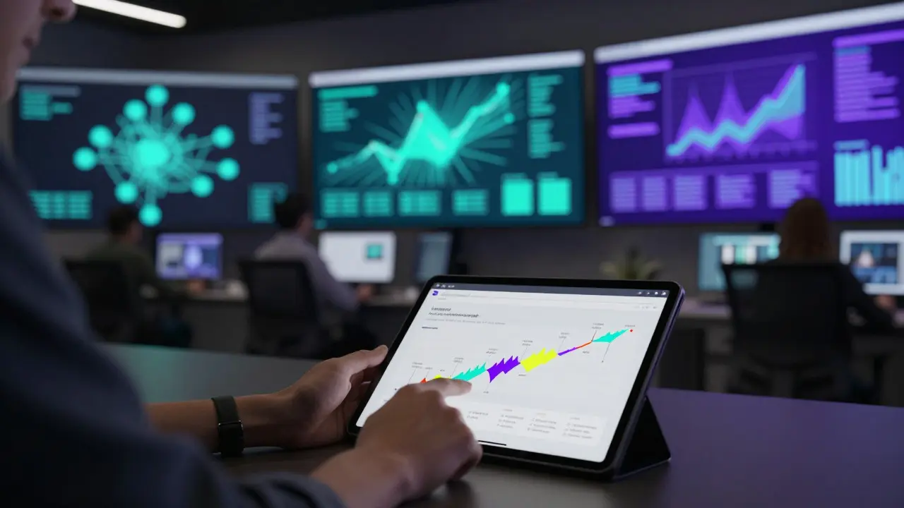 Designer interacting with an interactive data timeline in a modern, dimly lit workspace