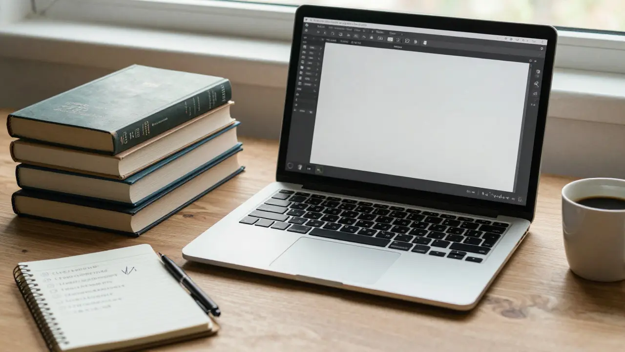 Desk with laptop, books, and notepad for citation management
