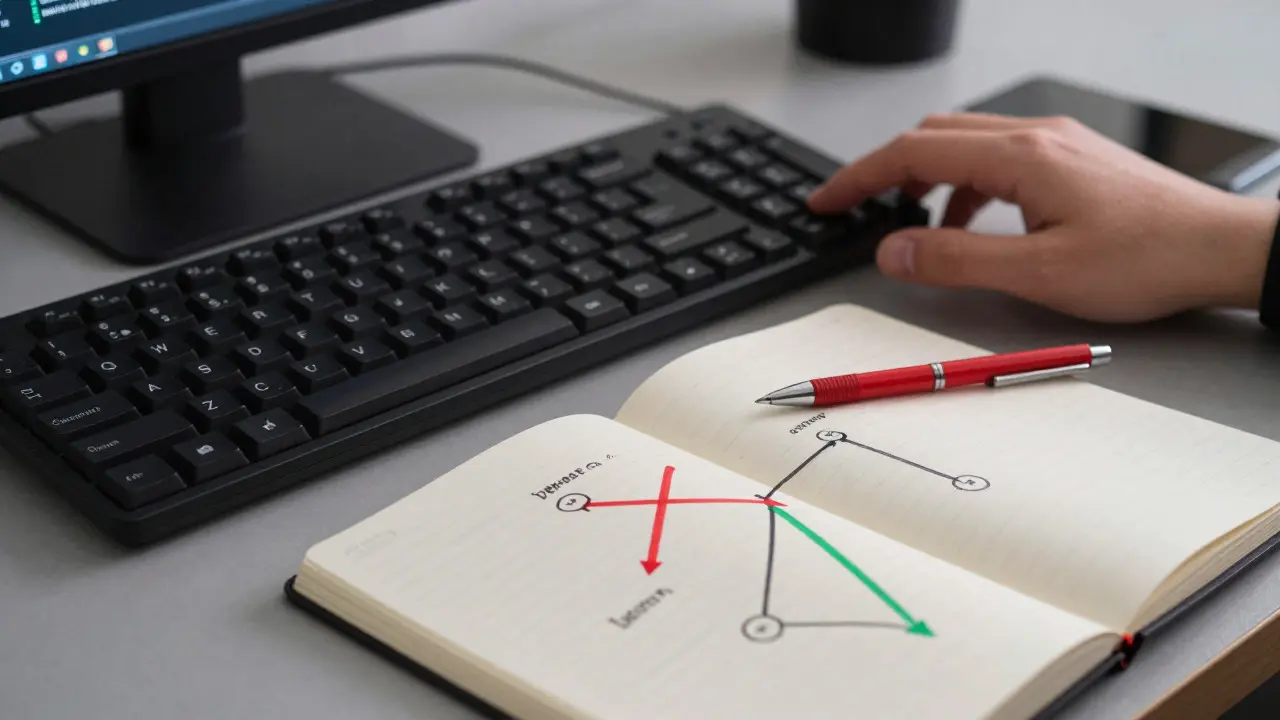 Developer desk with notebook showing network flowchart updates for API migration