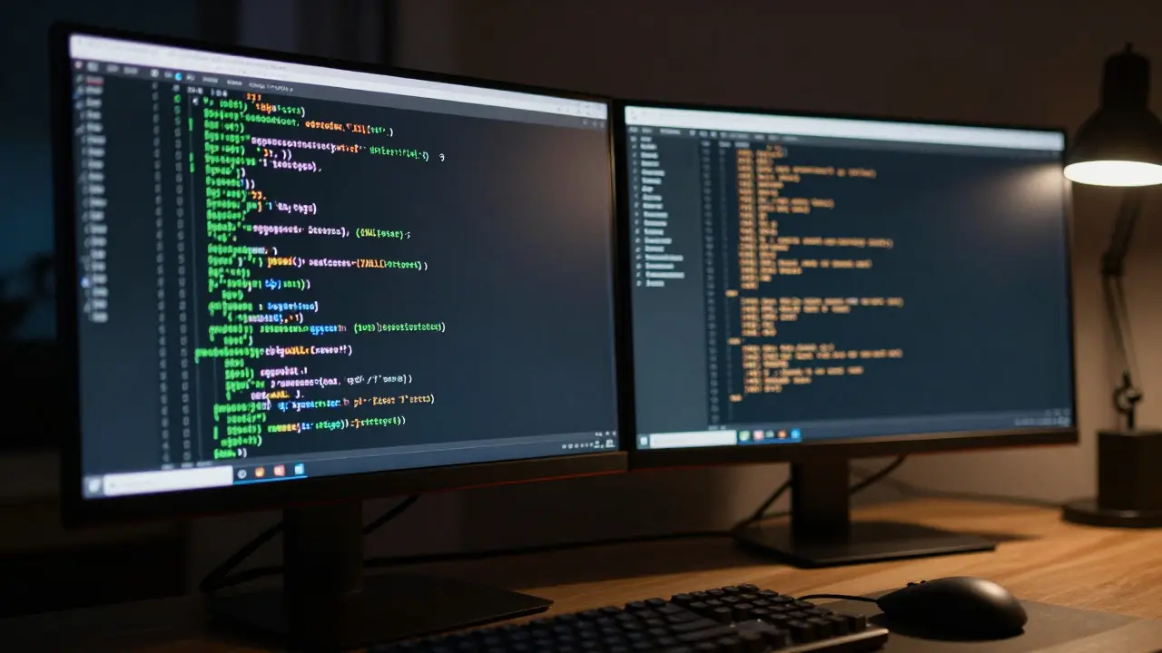 Developer monitors displaying real-time JSON streams and XML logs