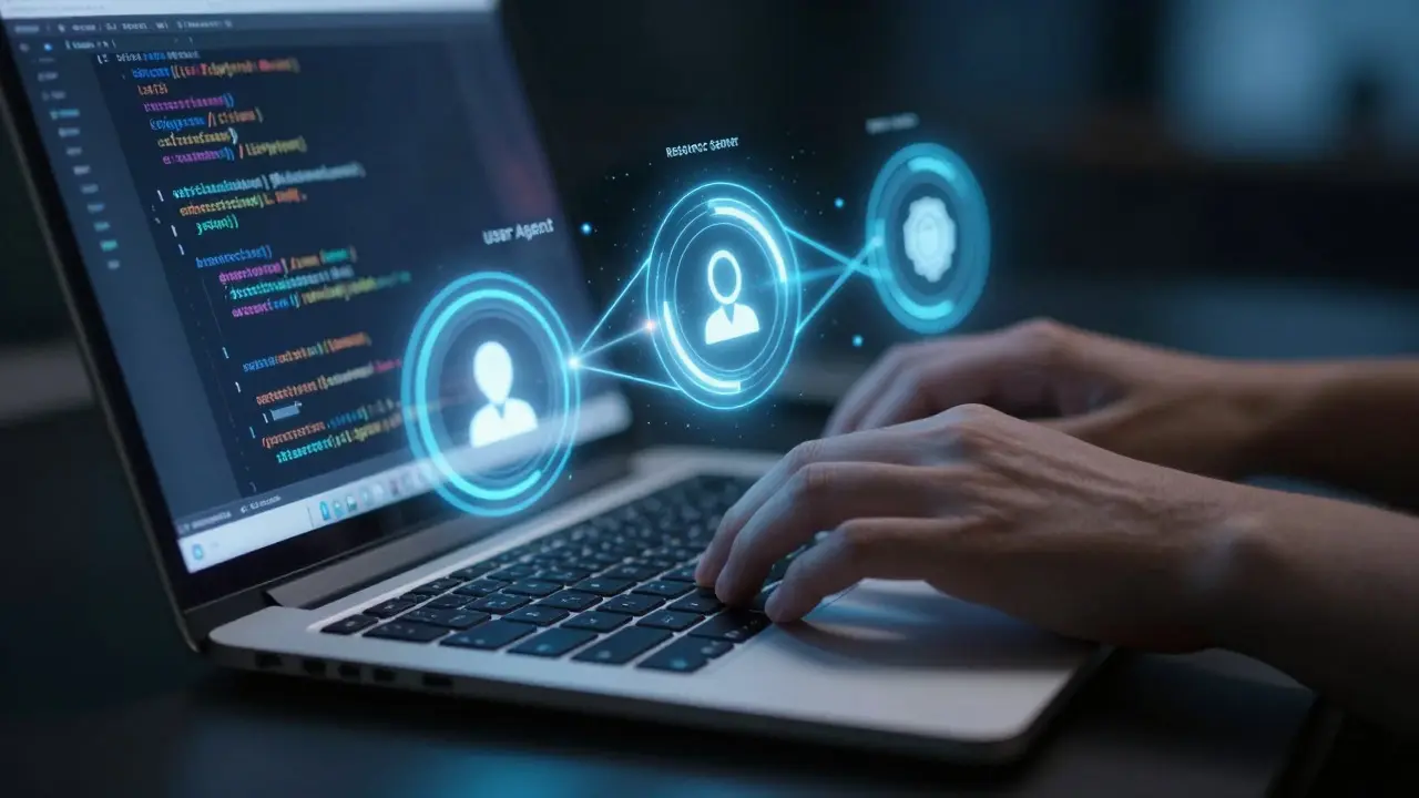 Developer workspace with holographic server nodes floating above a laptop keyboard