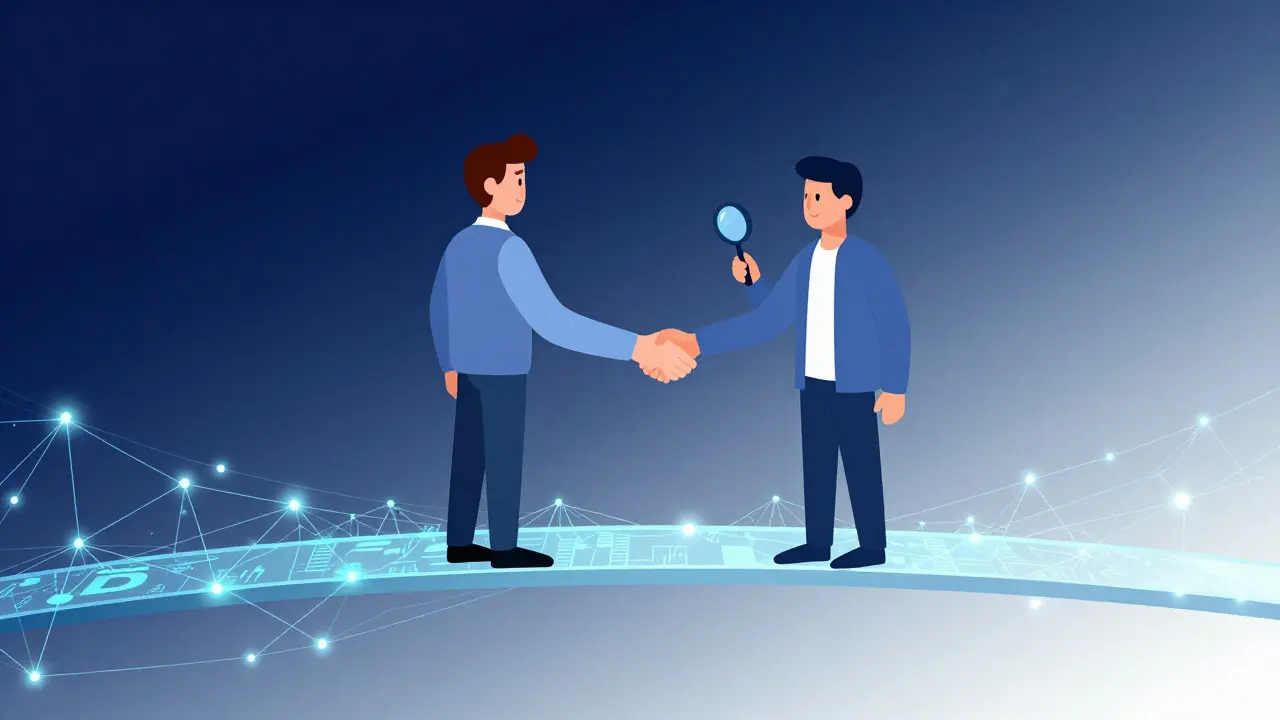 Digital art of a journalist and Wikipedian shaking hands over a glowing bridge of data