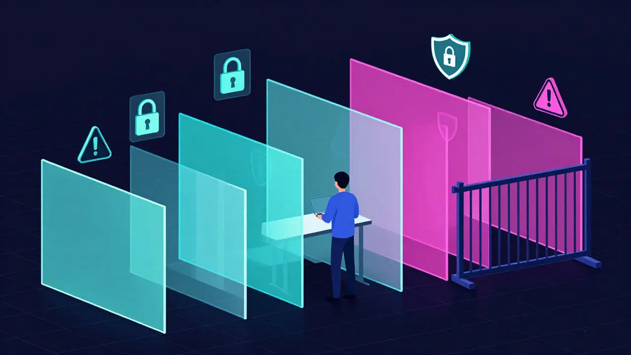 Digital art of an editor facing various glass barriers representing different sanctions