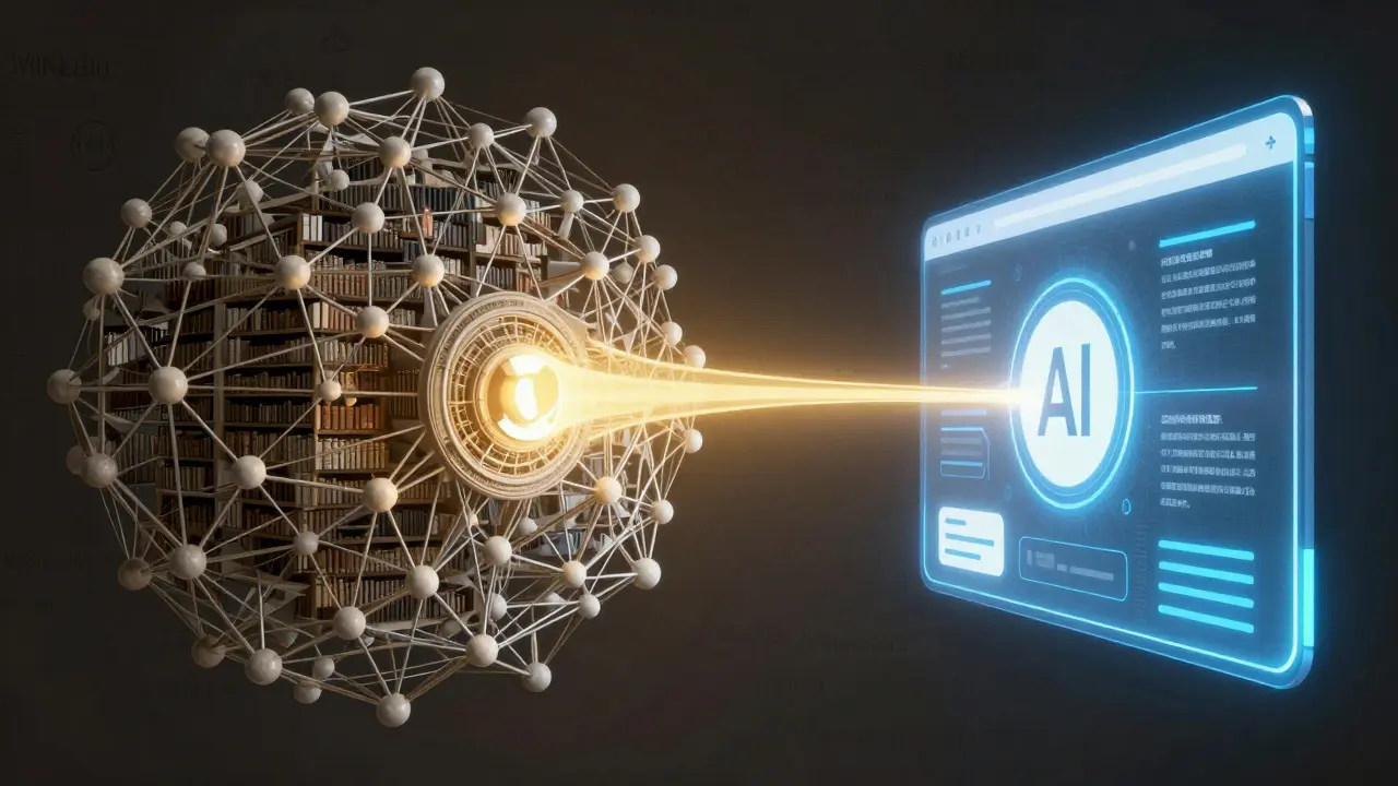 Digital art showing a connection between a dense data library and a futuristic AI interface