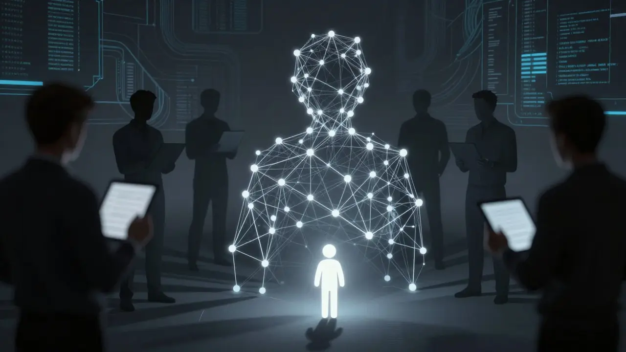 Digital art showing a new user facing looming veteran editors in a complex, shadowy network environment
