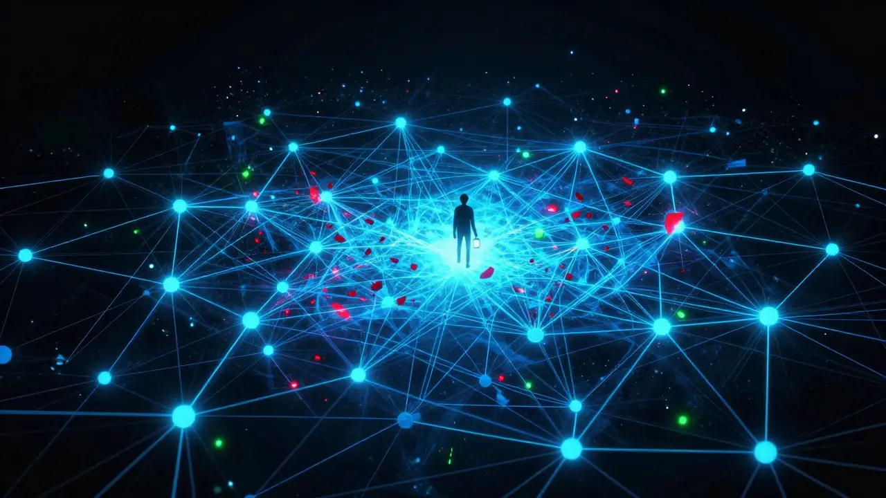Digital art showing a small figure with a lantern inside a vast, glowing network of blue and red data nodes.