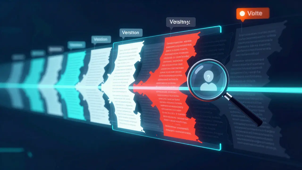 Digital art visualization of Wikipedia edit history timeline with magnifying glass
