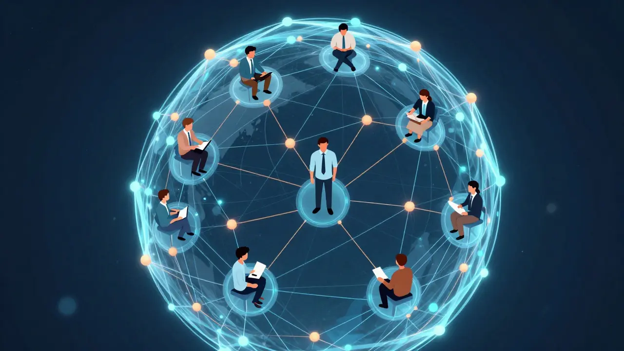 Digital illustration of a community network with figures mediating conflicts