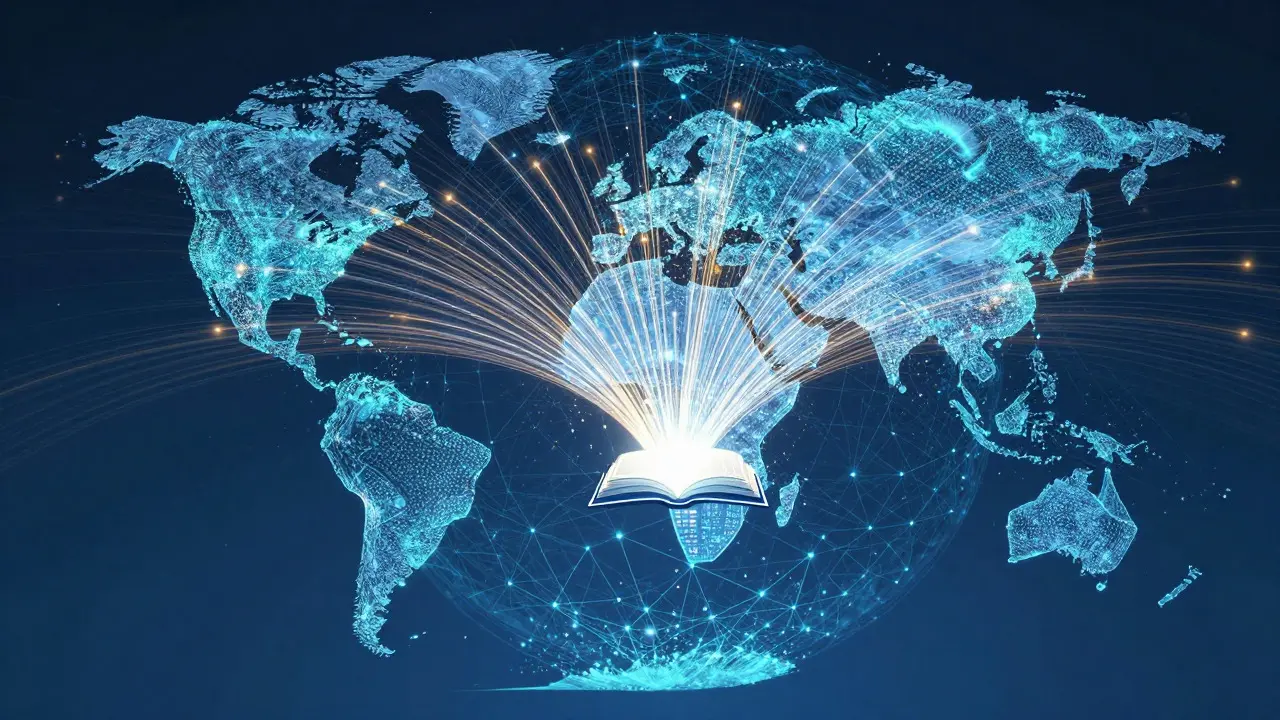 Digital illustration of global data streams converging on a central knowledge hub