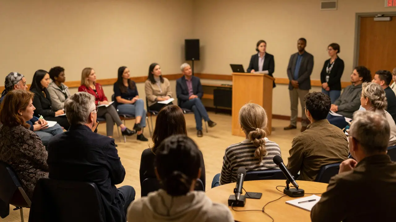 Diverse community members attending a town hall meeting with local journalists