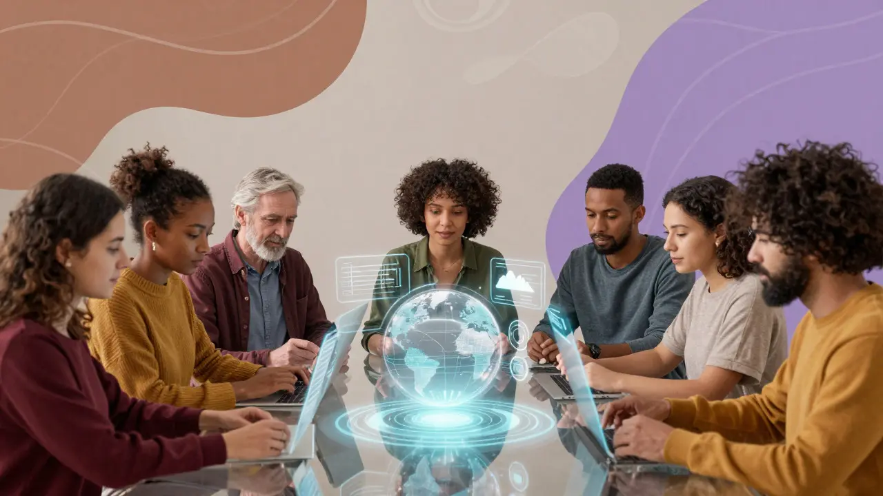 Diverse group collaborating around a holographic table, illustrating global knowledge sharing