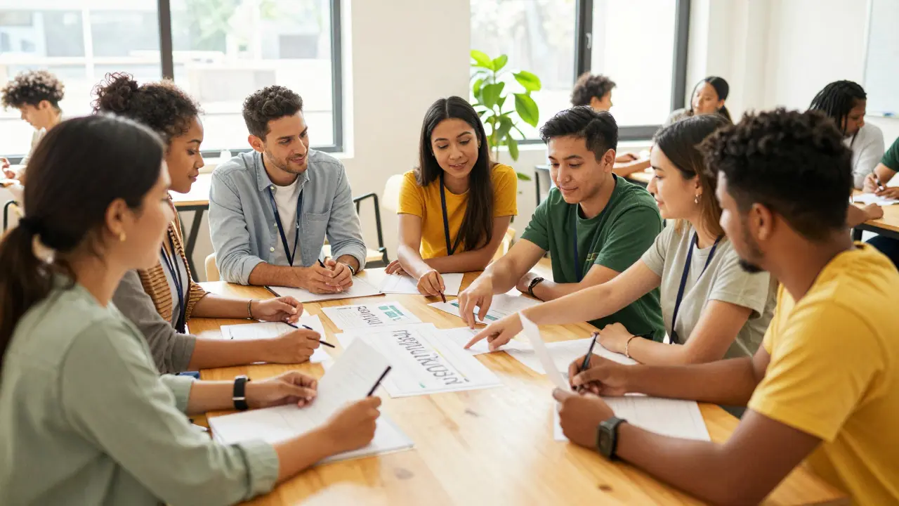 Diverse group collaborating around a table in a bright room