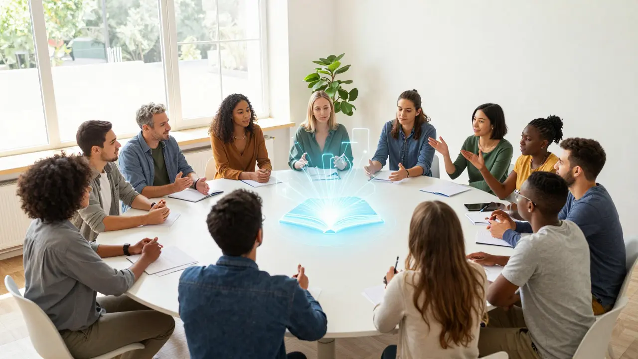 Diverse group collaborating around a table with a glowing holographic book in the center