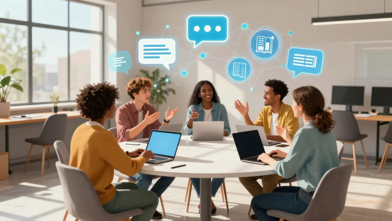 Diverse group collaborating around a table with floating communication icons