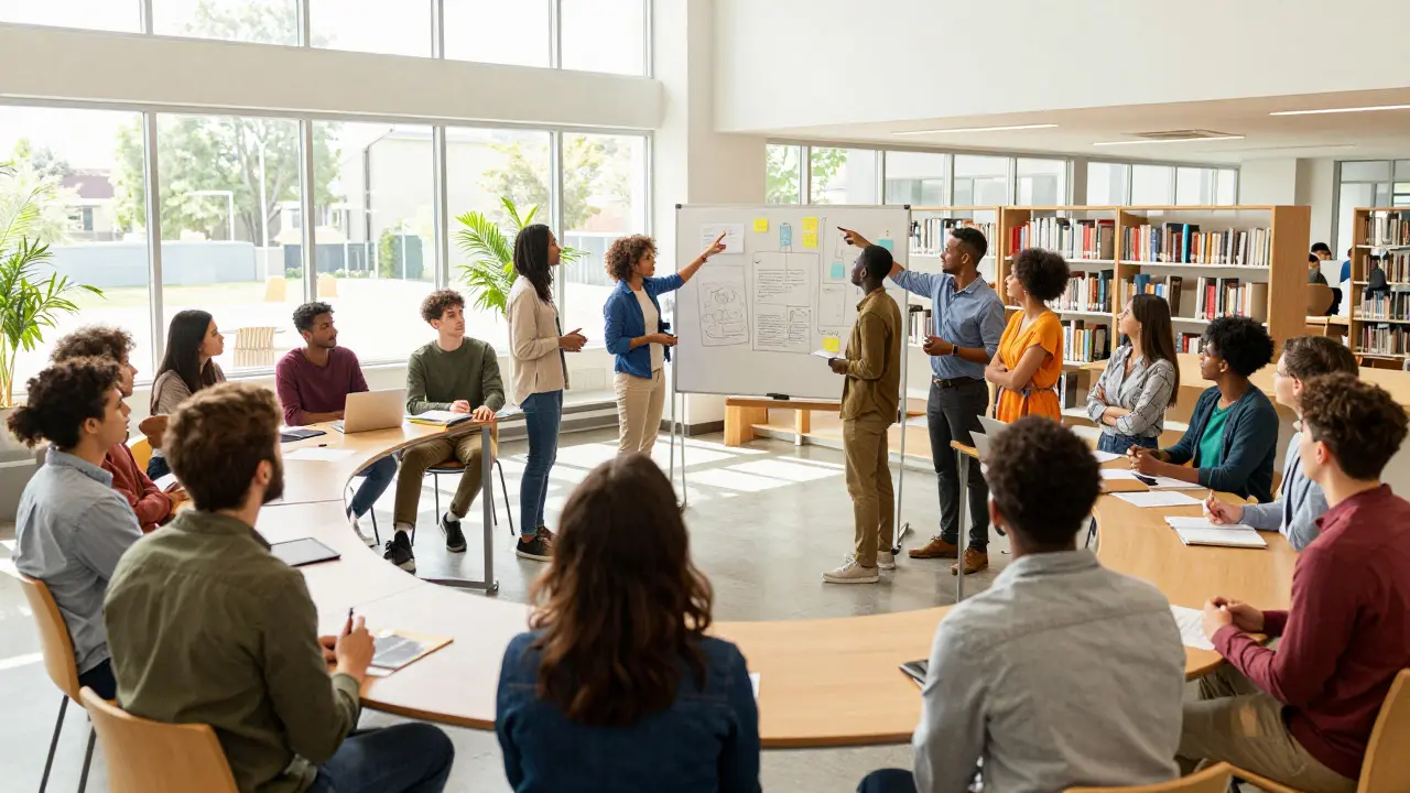 Diverse group discussing around a whiteboard in a sunlit room, illustrating community voting.
