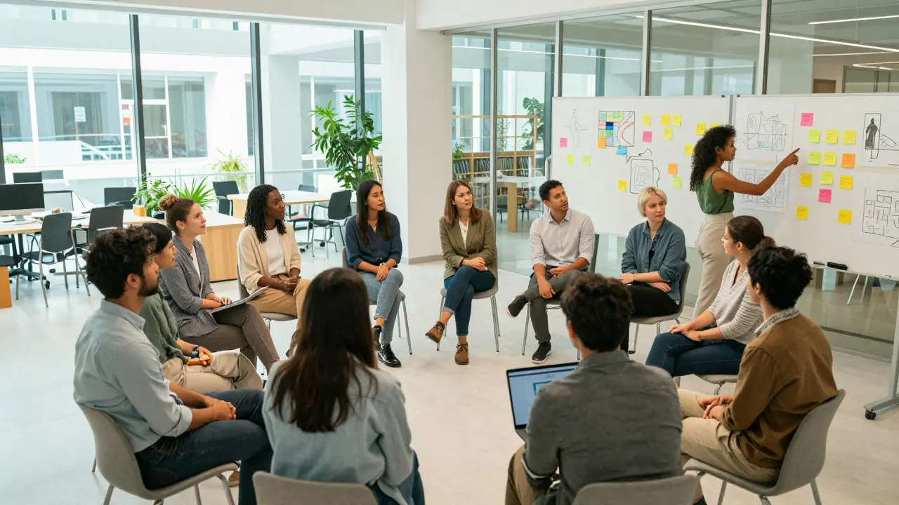 Diverse group discussing in a circle in a bright, modern community space