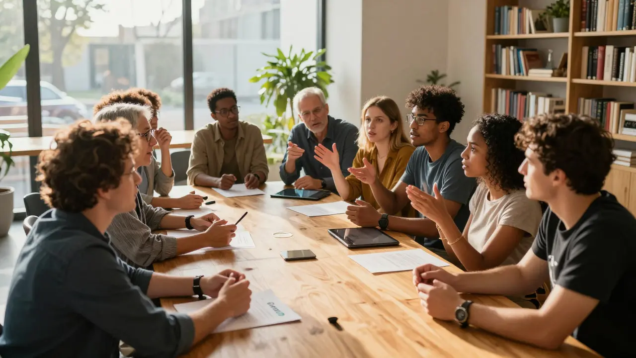 Diverse group discussing policy changes around a table