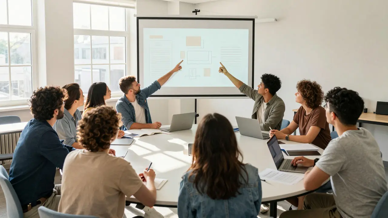 Diverse group of editors discussing article structure in a bright room