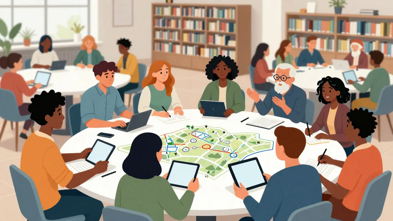 Diverse group of people collaborating and taking notes in a bright community space