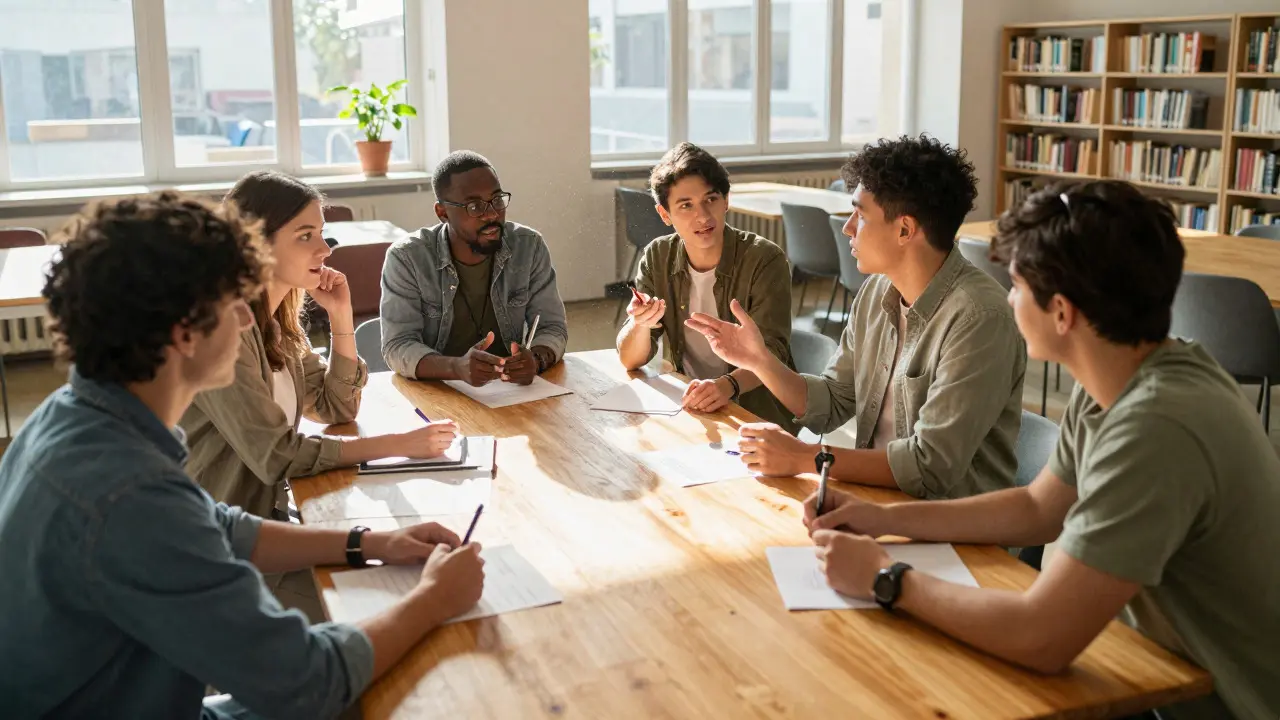 Diverse group of people collaborating around a table in a sunlit room