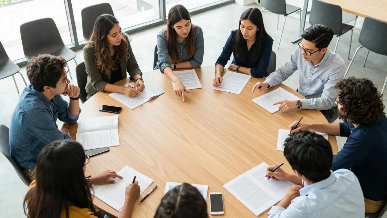 Diverse group of people collaborating around a table reviewing documents