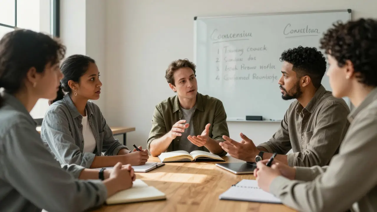 Diverse group of people discussing and compromising around a table in a co-working space