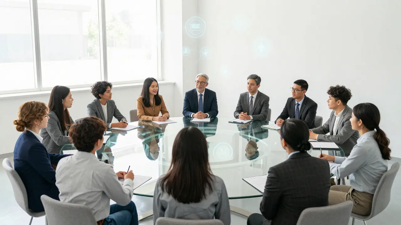 Diverse group of people discussing around a glass table in a bright room
