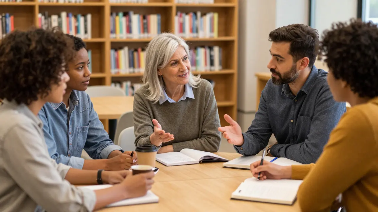 Diverse group of people discussing editorial standards around a table in a library