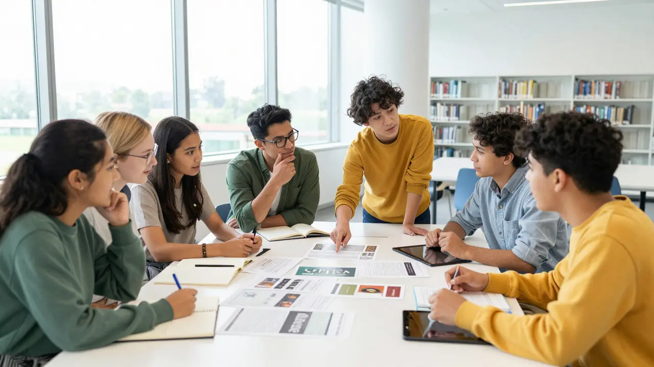 Diverse group of students collaborating around a table in a bright library