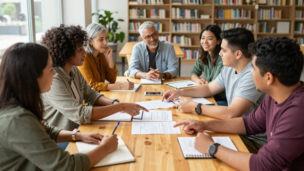 Diverse group of volunteers collaborating around a table in a community setting