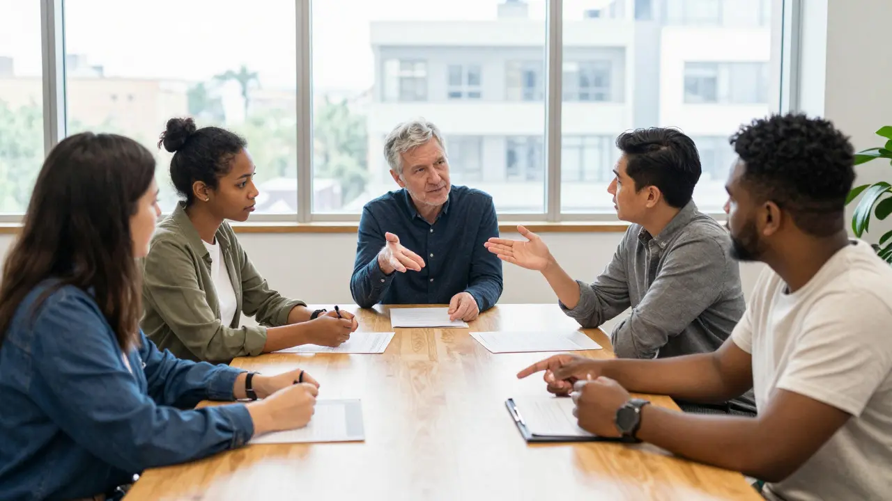 Diverse group of volunteers discussing articles around a table