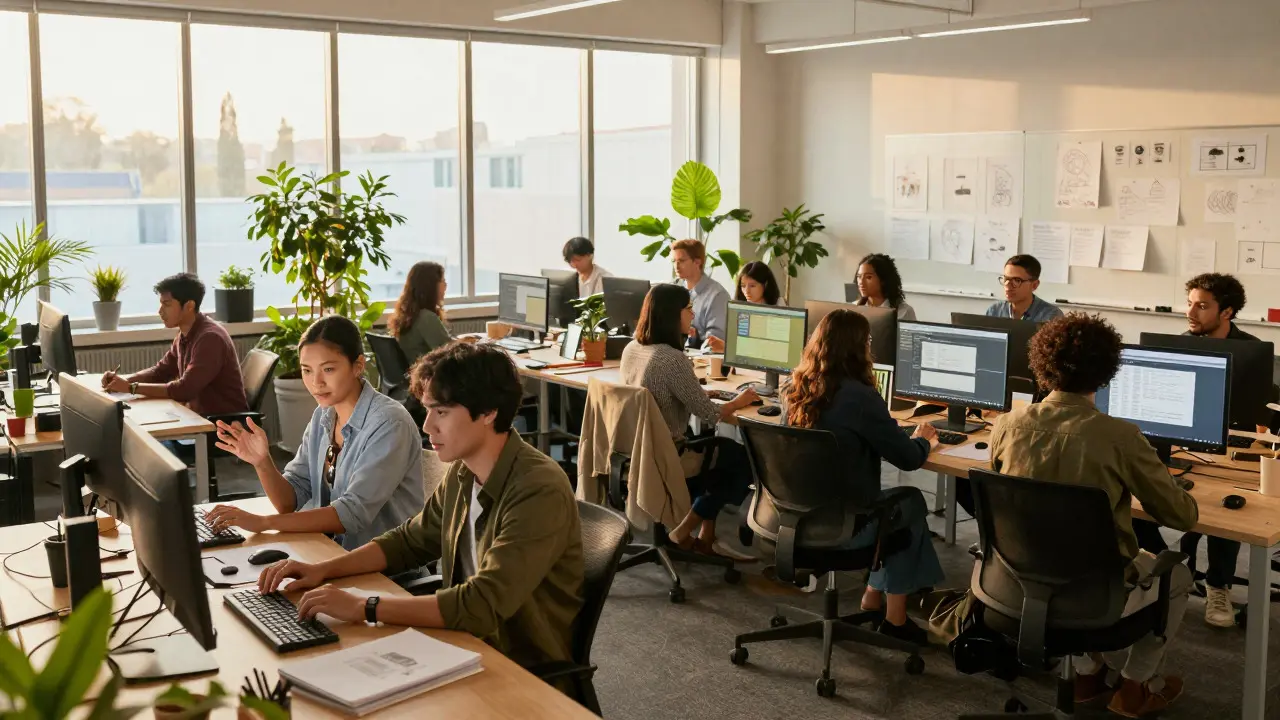 Diverse group of volunteers working on computers in a bright, collaborative office space