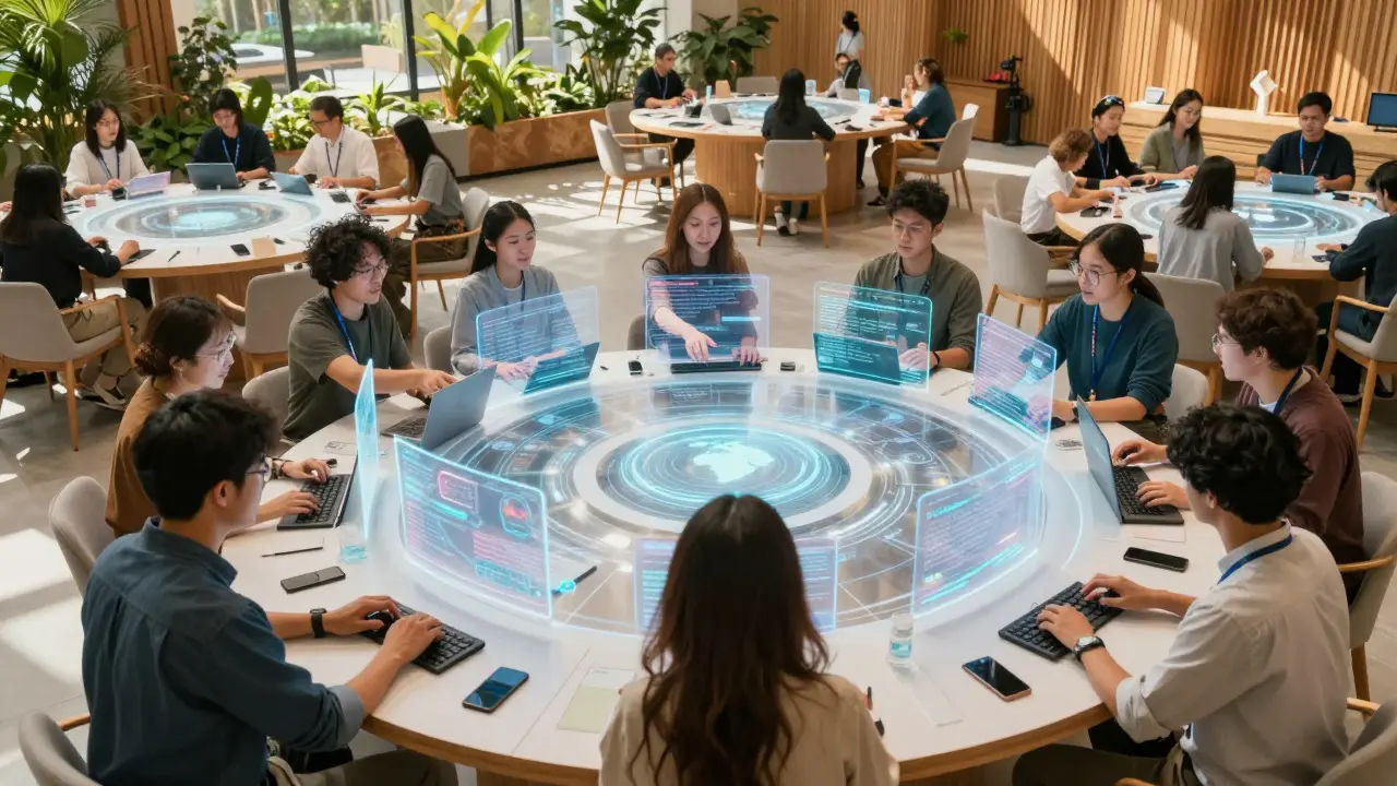 Diverse people collaborating around holographic data tables in a futuristic, nature-integrated community space.