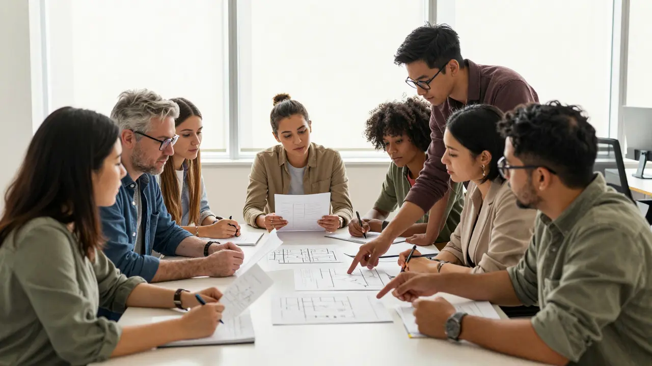 Diverse team collaborating around a table in a bright office