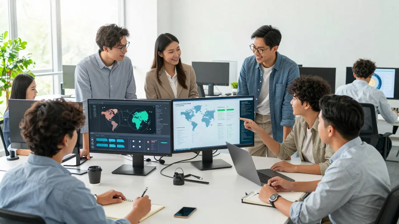 Diverse team collaborating in a bright office with data visualization screens