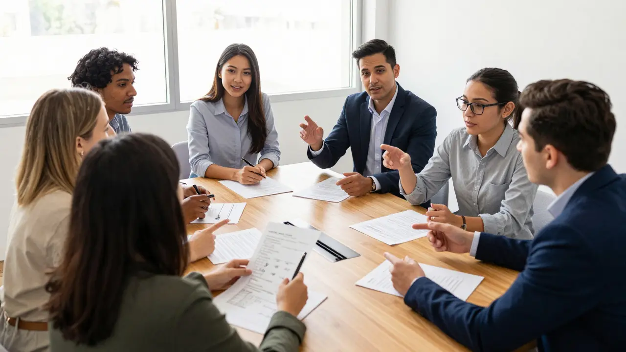 Diverse team collaborating openly around a table in bright room