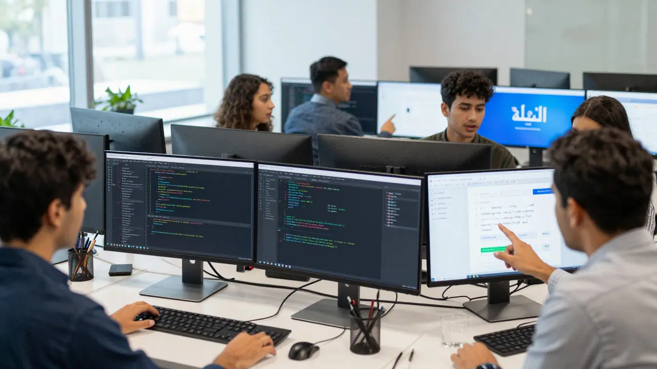 Diverse team in a bright office reviewing multilingual web interfaces on multiple computer monitors
