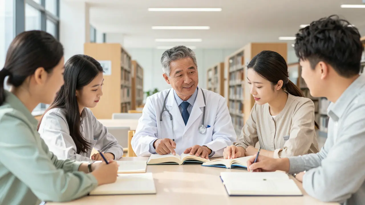 Doctor, student, and parent discussing medical books in a sunlit library