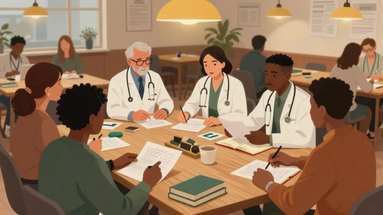 Doctors and volunteers collaborating on health articles