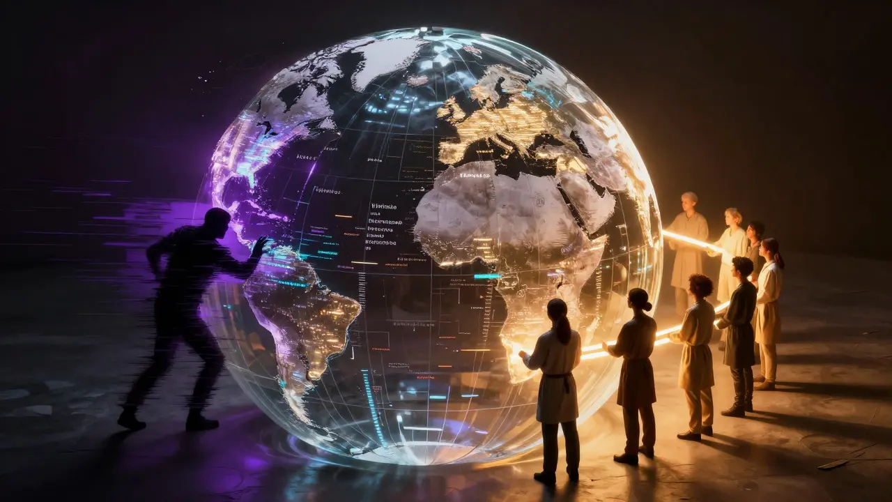 Dramatic depiction of global guardians protecting a digital globe from shadowy threats