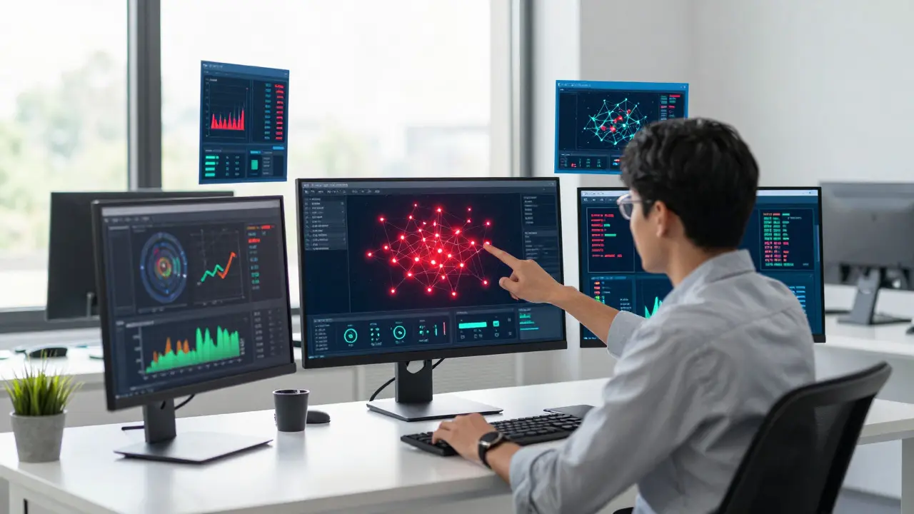 Editor analyzing abstract health metrics on holographic screens in a bright workspace