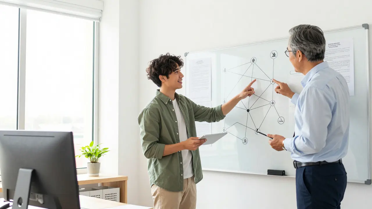Editor and reporter analyzing source connections on a whiteboard in a bright office