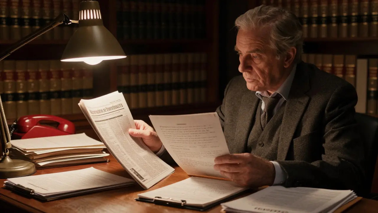 Editor reviewing documents under a warm desk lamp in a study