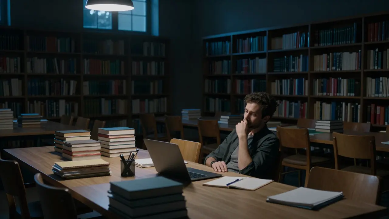 Editor sitting alone in a quiet, moonlit library after resolving a dispute