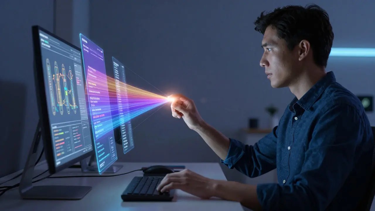 Editor surrounded by holographic data streams connecting different language versions of content