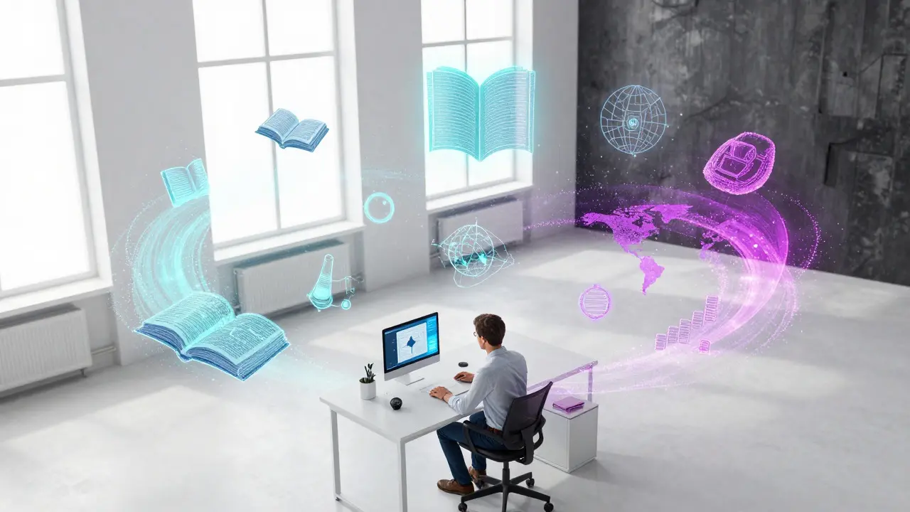 Editor using a futuristic interface of light particles to curate knowledge