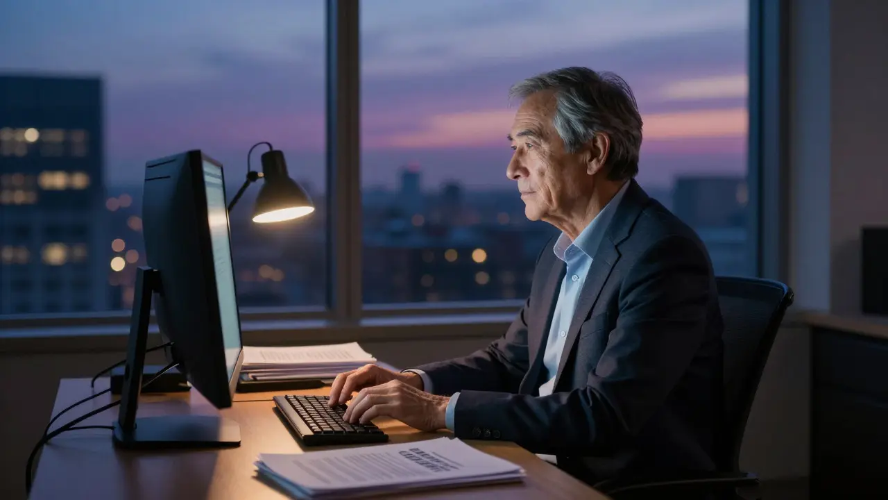 Editor working calmly at a desk during dusk with organized papers