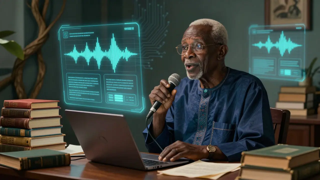 Elderly man recording oral history with AI voice-to-text overlays in a study