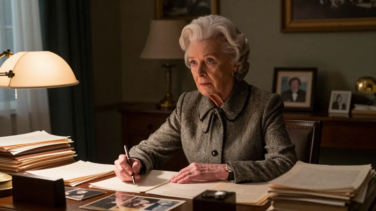 Elegant elderly woman in a tweed suit sitting at a desk with a pen, evoking a classic TV detective persona